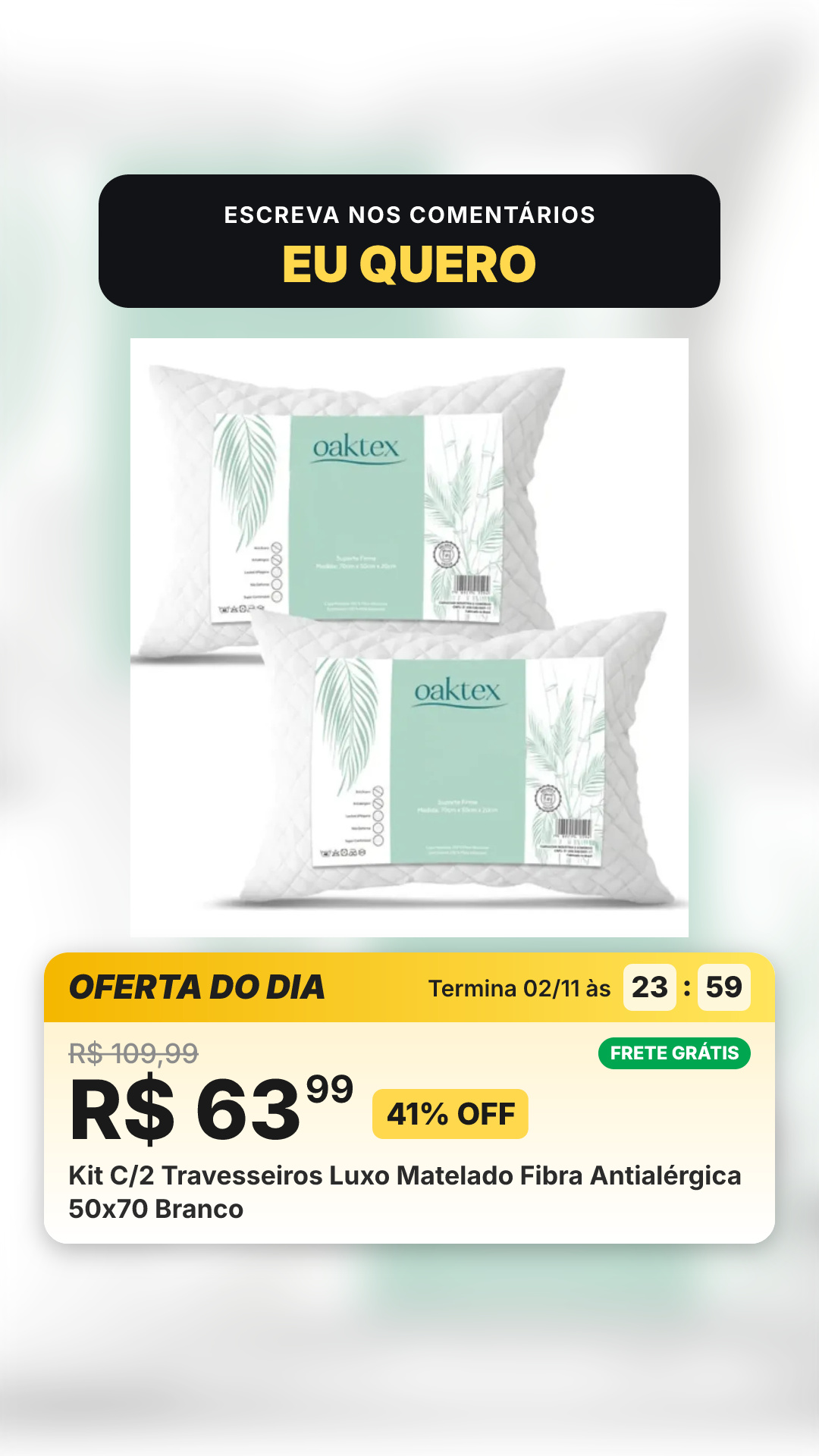 Kit C/2 Travesseiros Luxo Matelado Fibra Antialérgica 50x70 Branco
