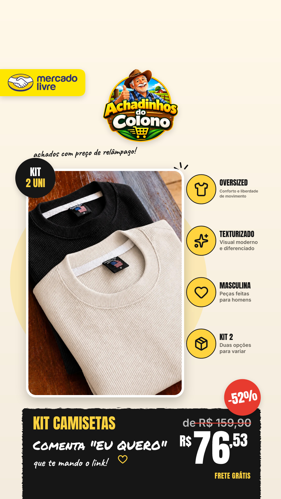 Kit 2 Camisetas Oversized Masculina Texturizado Premium Kit 2 Over Off-white E Preto M